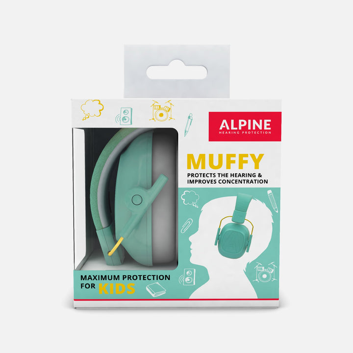 Packaging of Alpine Muffy Kids Earmuffs in mint, highlighting superior hearing protection and improved concentration for children aged 5–16.