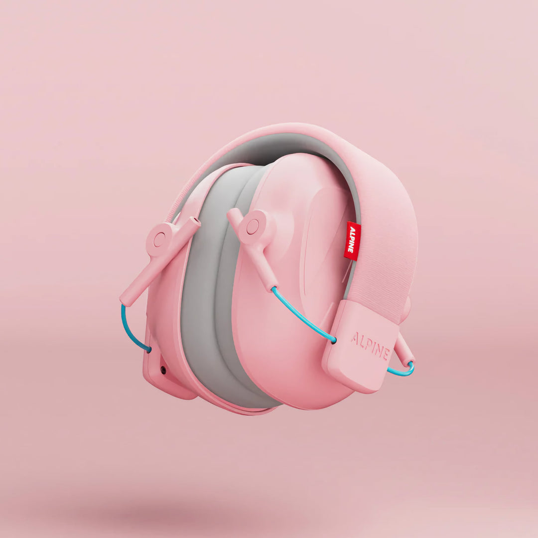 Folded Alpine Muffy Kids Earmuffs in pink, designed for compact storage and portability, ideal for children aged 5–16.