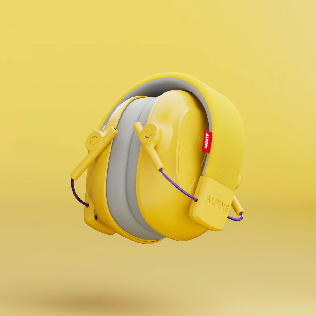 Folded Alpine Muffy Kids Earmuffs in yellow, featuring a compact and portable design for effective noise protection for children aged 5–16.