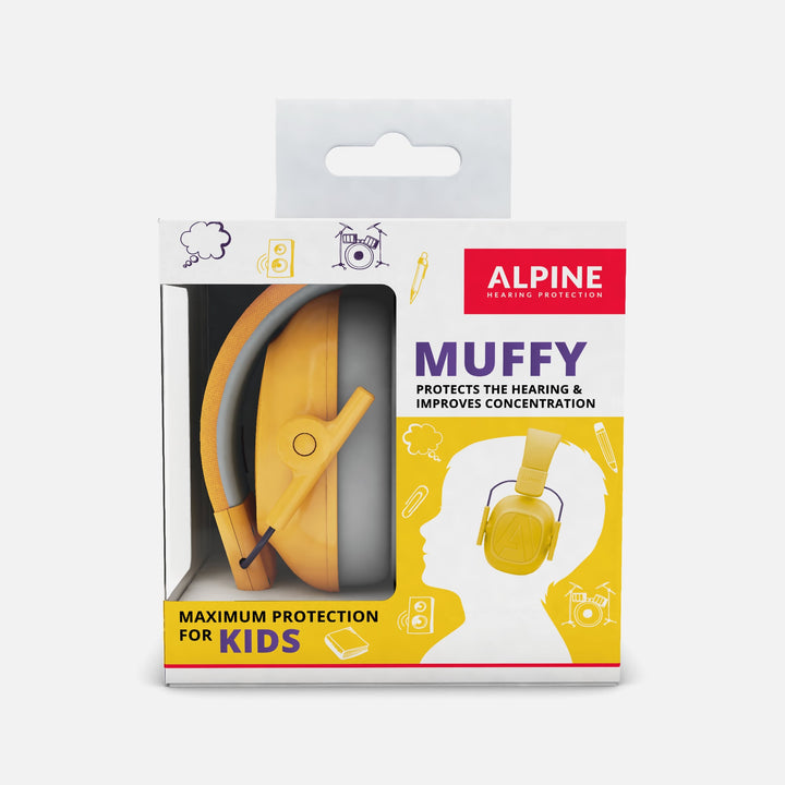 Packaging of Alpine Muffy Kids Earmuffs in yellow, highlighting premium hearing protection and improved concentration for children aged 5–16.