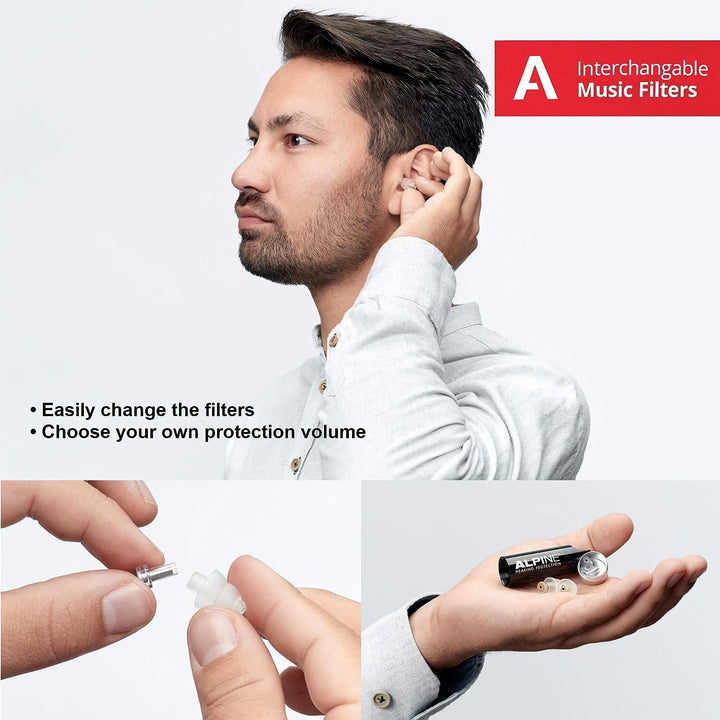 Alpine MusicSafe earplugs with interchangeable filters, allowing users to customize noise protection levels for different environments.