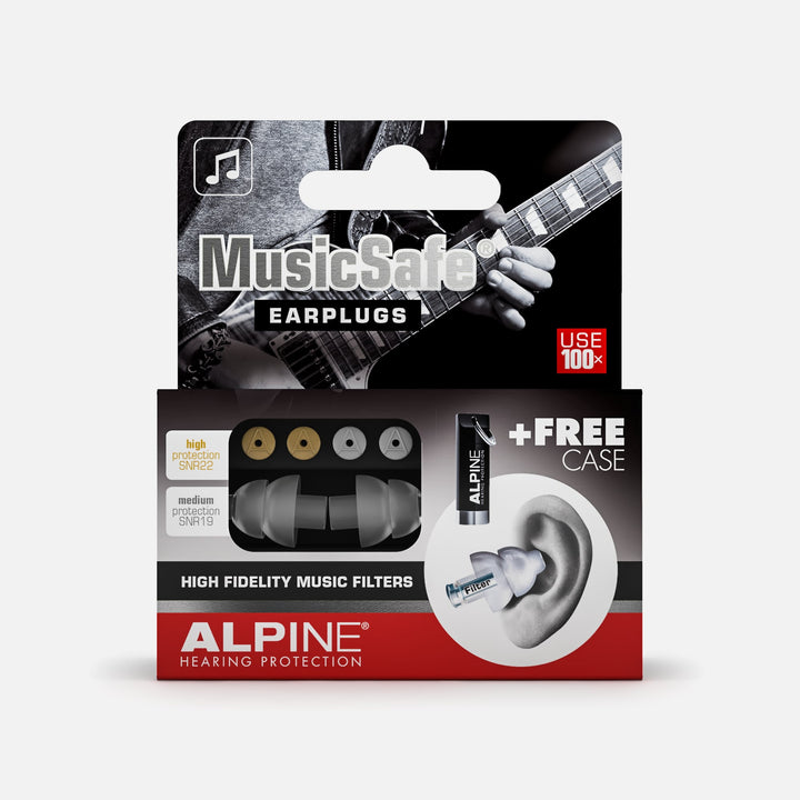 Alpine MusicSafe earplugs with high-fidelity music filters, reusable up to 100 times, includes interchangeable filters and a free case.