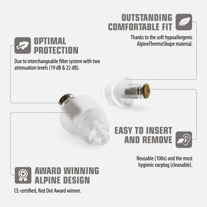Alpine MusicSafe earplugs infographic highlighting comfort fit, reusable design, interchangeable filters, and award-winning style