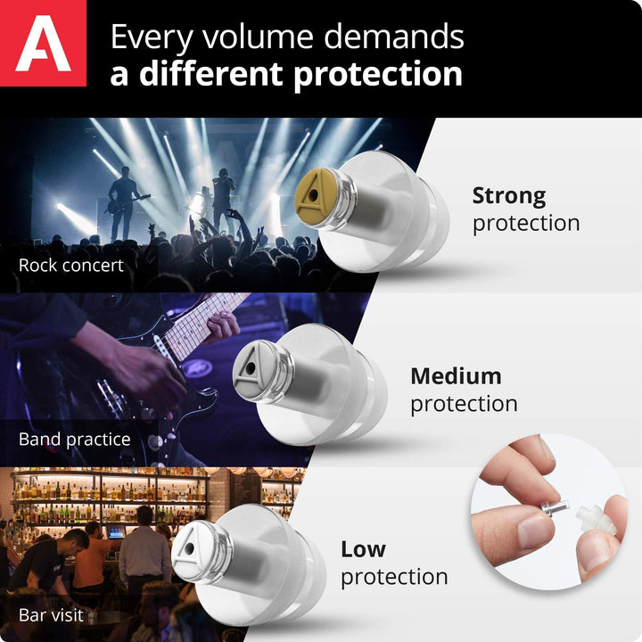 Alpine MusicSafe Pro earplugs infographic showing three protection levels (strong, medium, low) for concerts, band practice, and bars.