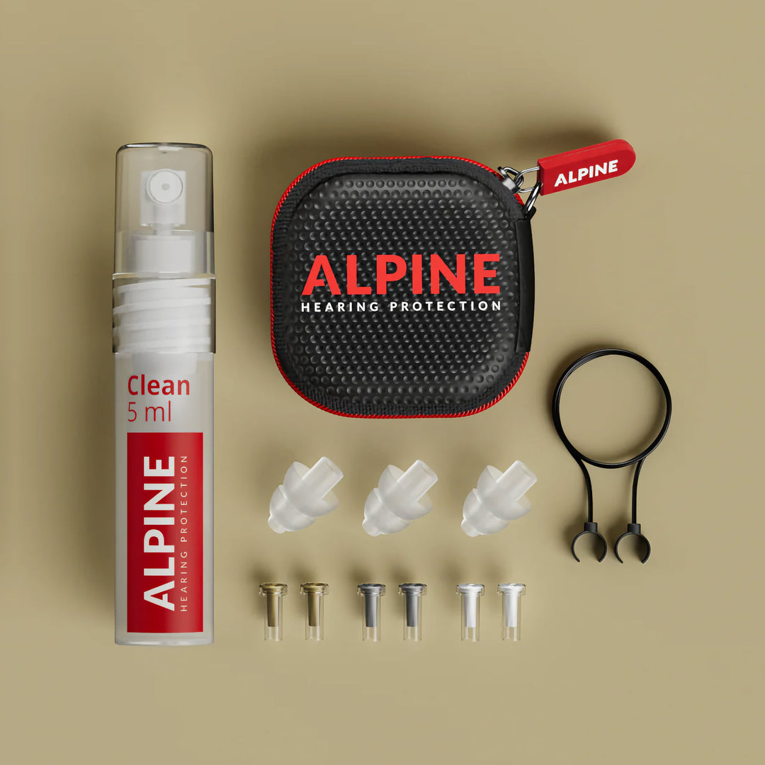 Alpine MusicSafe Pro earplugs set with cleaning spray, carrying case, three filter sets (16dB, 19dB, 22dB), spare earplug, and cord.