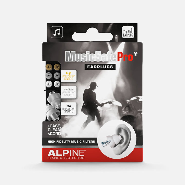 Alpine MusicSafe Pro earplugs packaging featuring three high-fidelity music filters (16dB, 19dB, 22dB) for musicians and DJs.