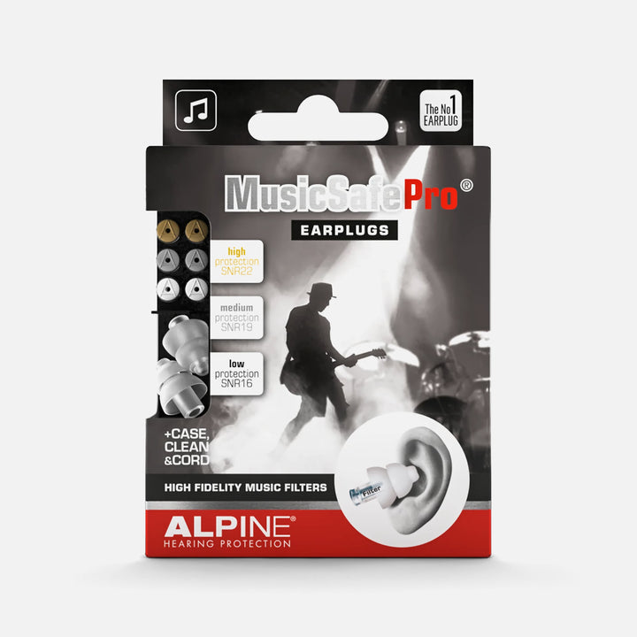 Alpine MusicSafe Pro earplugs packaging with three filter options (16, 19, 22 dB) for musicians' safe high-fidelity hearing protection