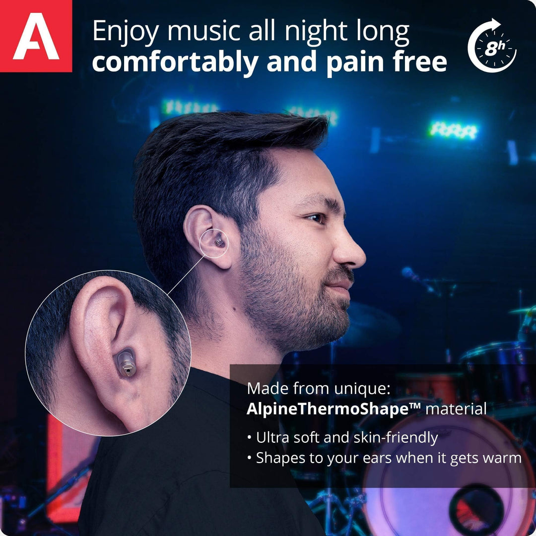 Alpine MusicSafe Pro earplugs infographic showing comfortable ThermoShape fit, worn all night with pain-free protection