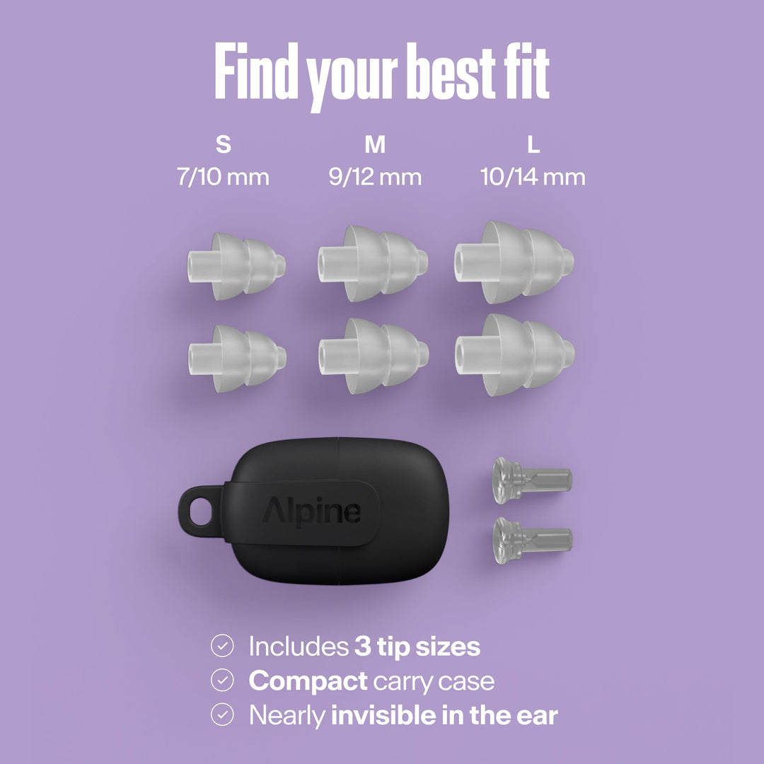 Alpine PartyPlug sizing guide with S, M and L ear tips, two music filters and a compact carry case