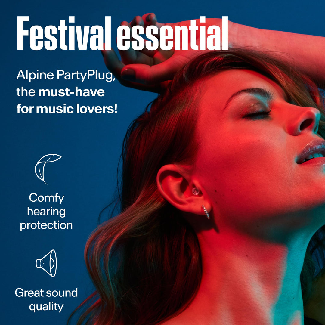 Woman wearing transparent Alpine PartyPlug earplugs with comfort and sound quality highlights for festivals