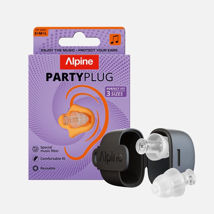 Transparent Alpine PartyPlug earplugs with S, M and L ear tips, compact carry case, and retail packaging