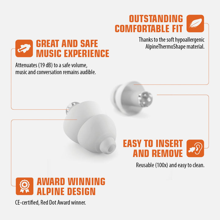 Alpine PartyPlug Earplugs benefits infographic, highlighting 19dB noise reduction, comfortable fit, easy use, and award-winning design.