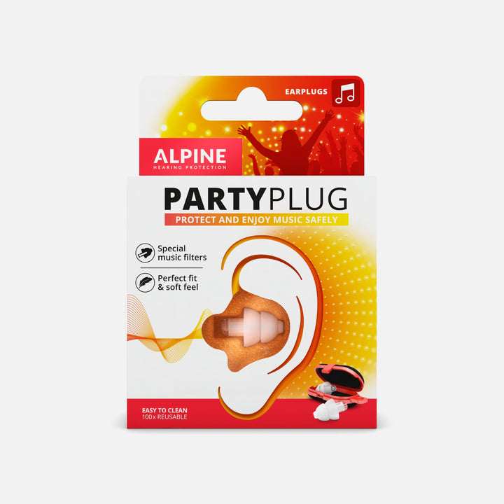 Alpine PartyPlug Earplugs packaging, featuring music filters for safe listening, a soft fit, and reusable design for concerts and festivals.