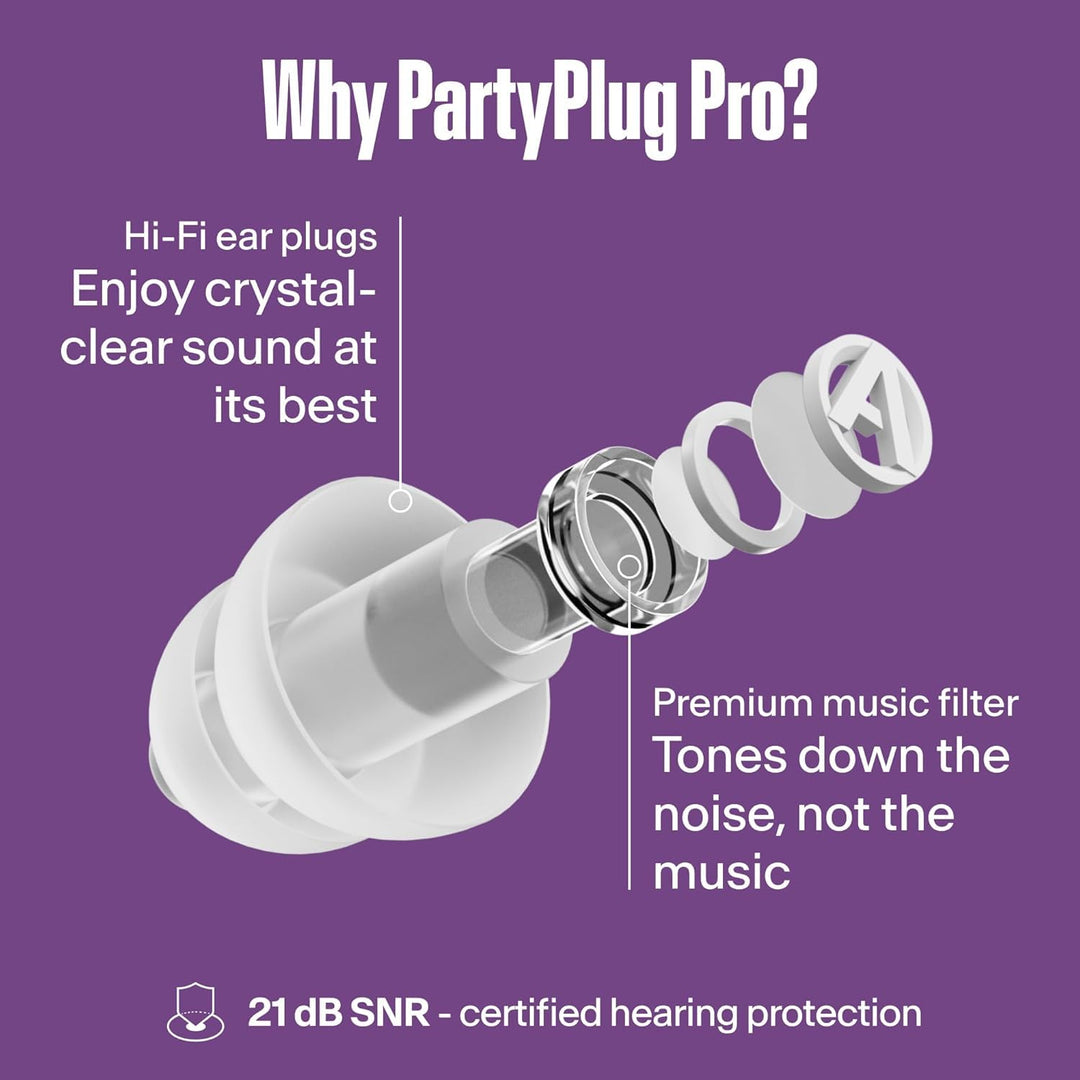 Alpine PartyPlug Pro transparent earplug exploded view showing its premium music filter and 21 dB SNR