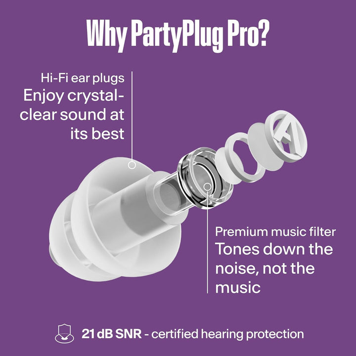 Alpine PartyPlug Pro transparent earplug exploded view showing its premium music filter and 21 dB SNR