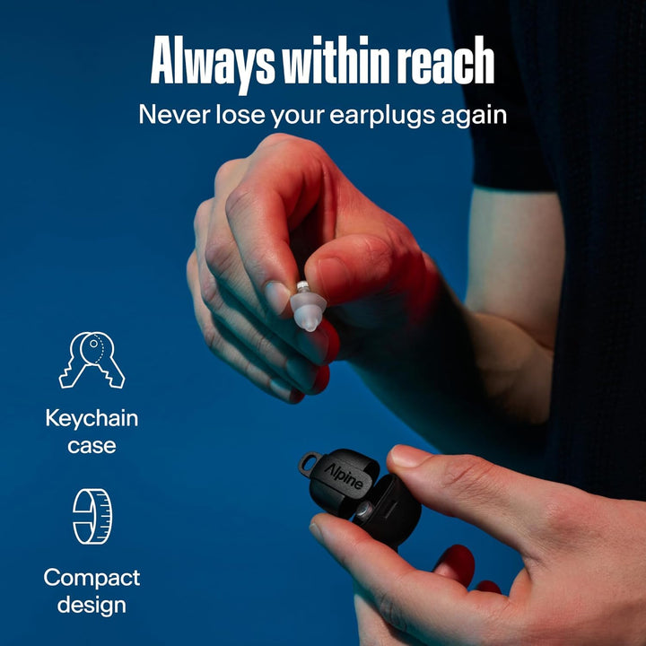 Alpine PartyPlug Pro transparent earplug shown with its compact black keychain carry case held in hand