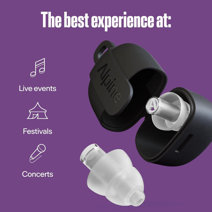 Alpine PartyPlug Pro transparent earplugs with carry case, shown for live events, festivals and concerts