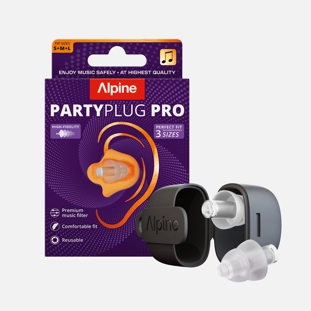 Alpine PartyPlug Pro transparent earplugs with retail packaging and compact carry case