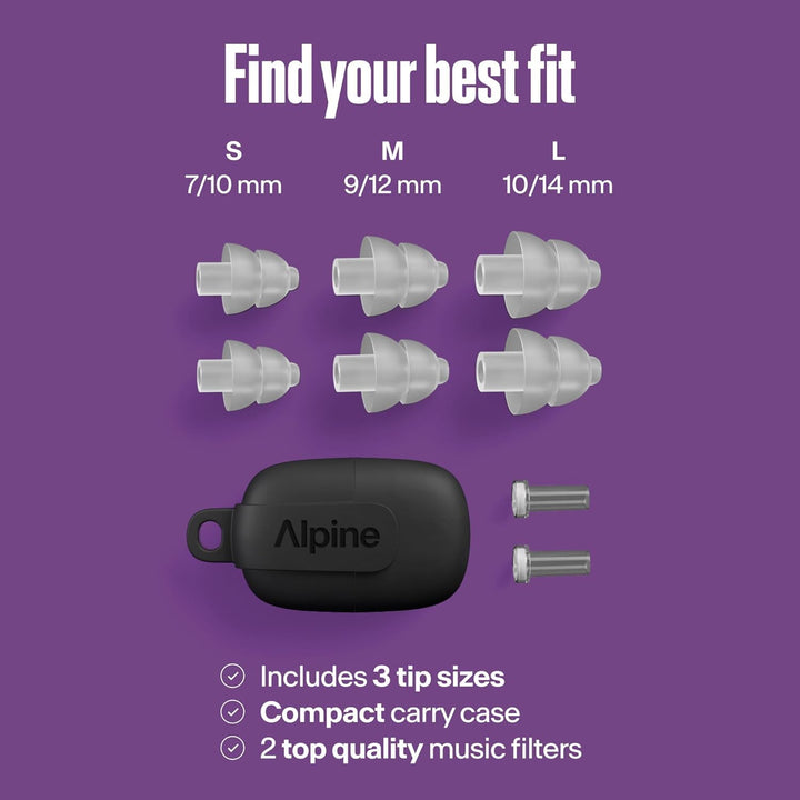 Alpine PartyPlug Pro transparent ear tips in S, M and L sizes with two music filters and compact carry case