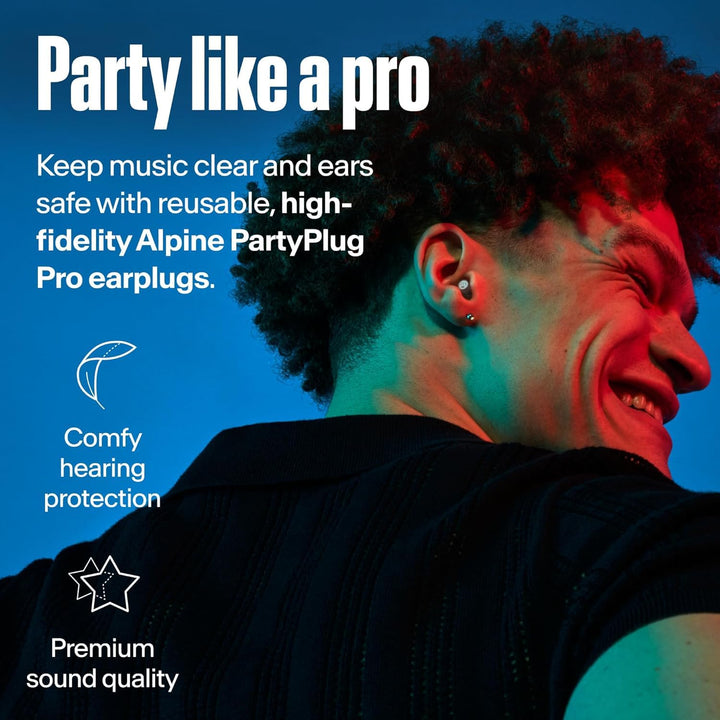 Alpine PartyPlug Pro transparent earplug worn by a man, highlighting reusable high-fidelity hearing protection