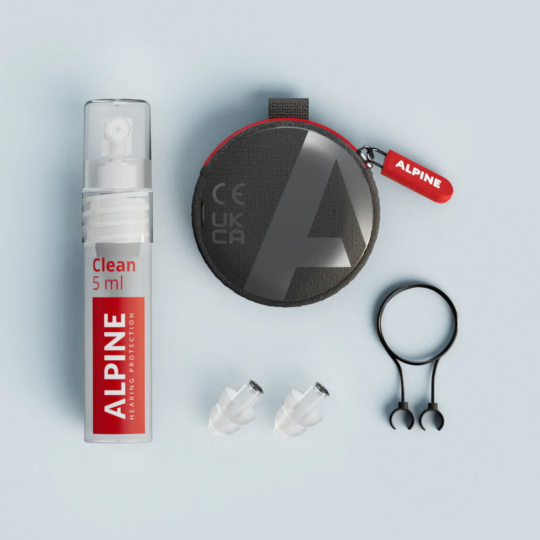 Alpine PartyPlug Pro Natural earplugs with cleaning spray, carrying case, and cord for secure wear, ideal for concerts and festivals.