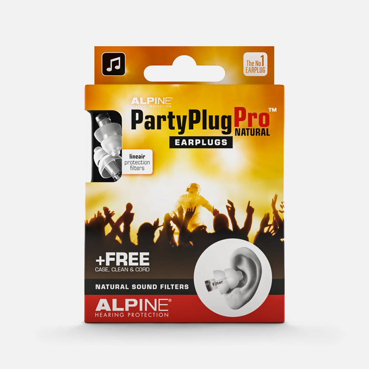 Alpine PartyPlug Pro Natural earplugs packaging with linear protection filters for music lovers, including free case, cleaner, and cord.