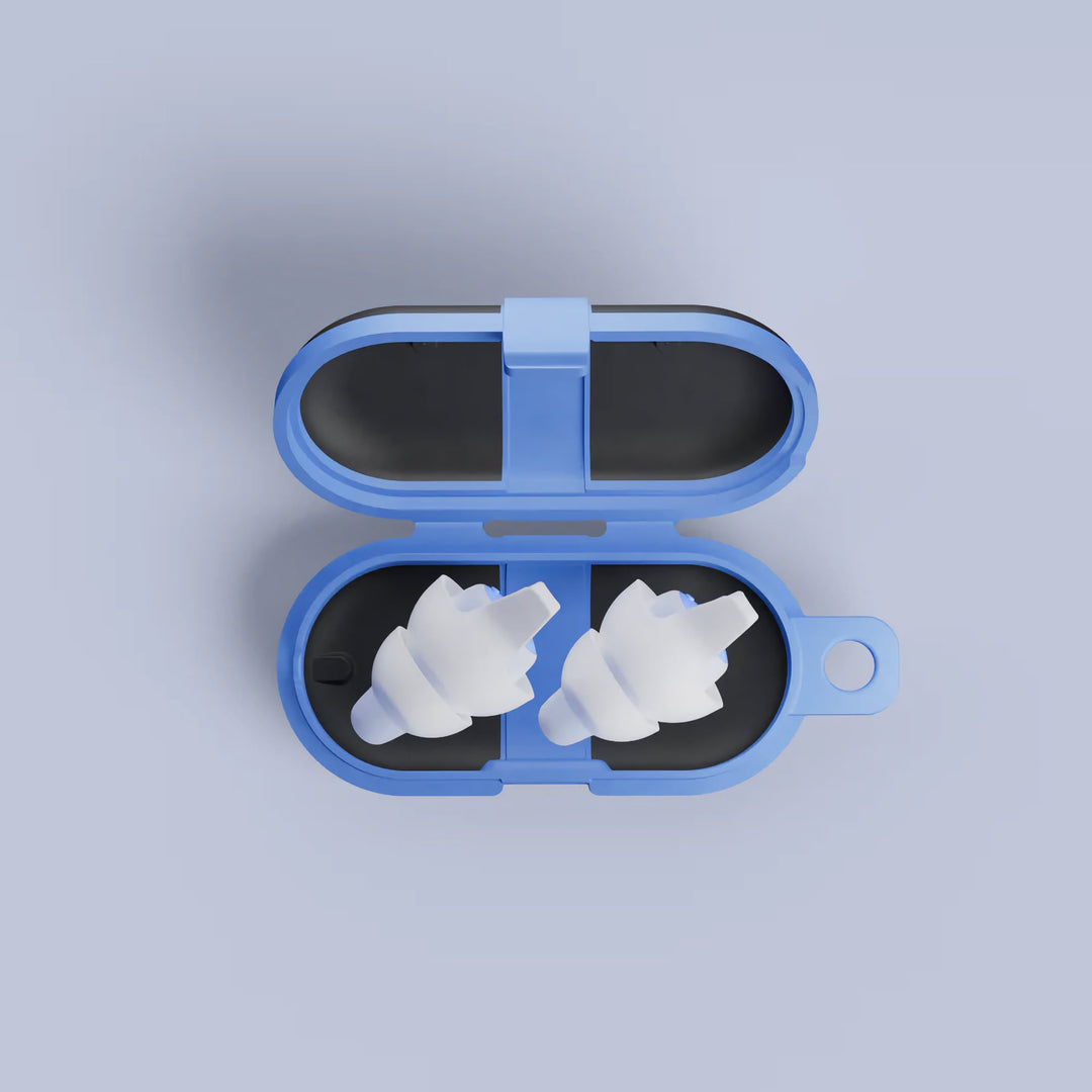 Alpine SleepDeep earplugs in a compact blue storage case for easy portability and hygiene.