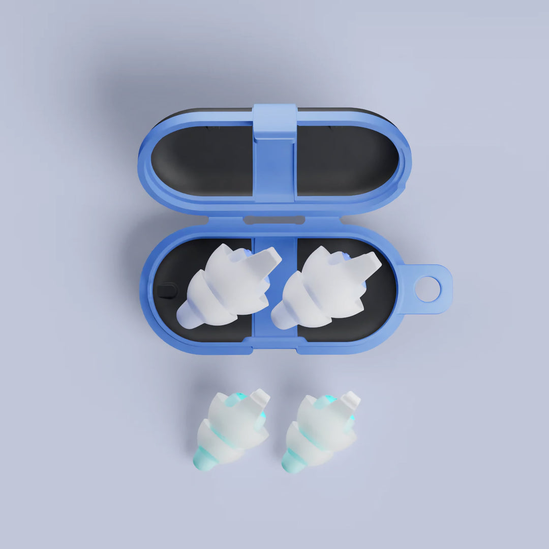 Alpine SleepDeep earplugs in a blue storage case, shown in a top view with both earplug pairs displayed for size and design clarity