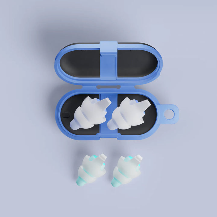 Alpine SleepDeep earplugs in a blue storage case, shown in a top view with both earplug pairs displayed for size and design clarity