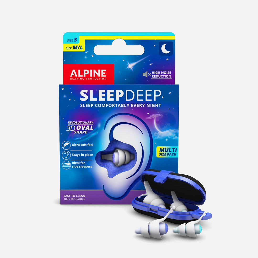 Alpine SleepDeep earplugs packaging with included storage case, featuring 3D oval shape for noise reduction and side sleeper comfort.