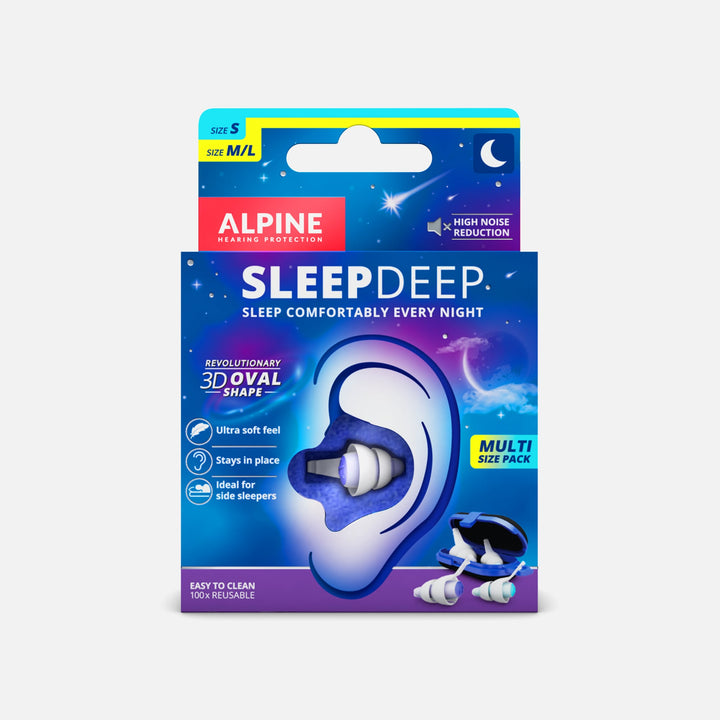 Alpine SleepDeep earplugs multi-size pack with 3D oval shape, ultra-soft feel, and noise reduction for side sleepers.