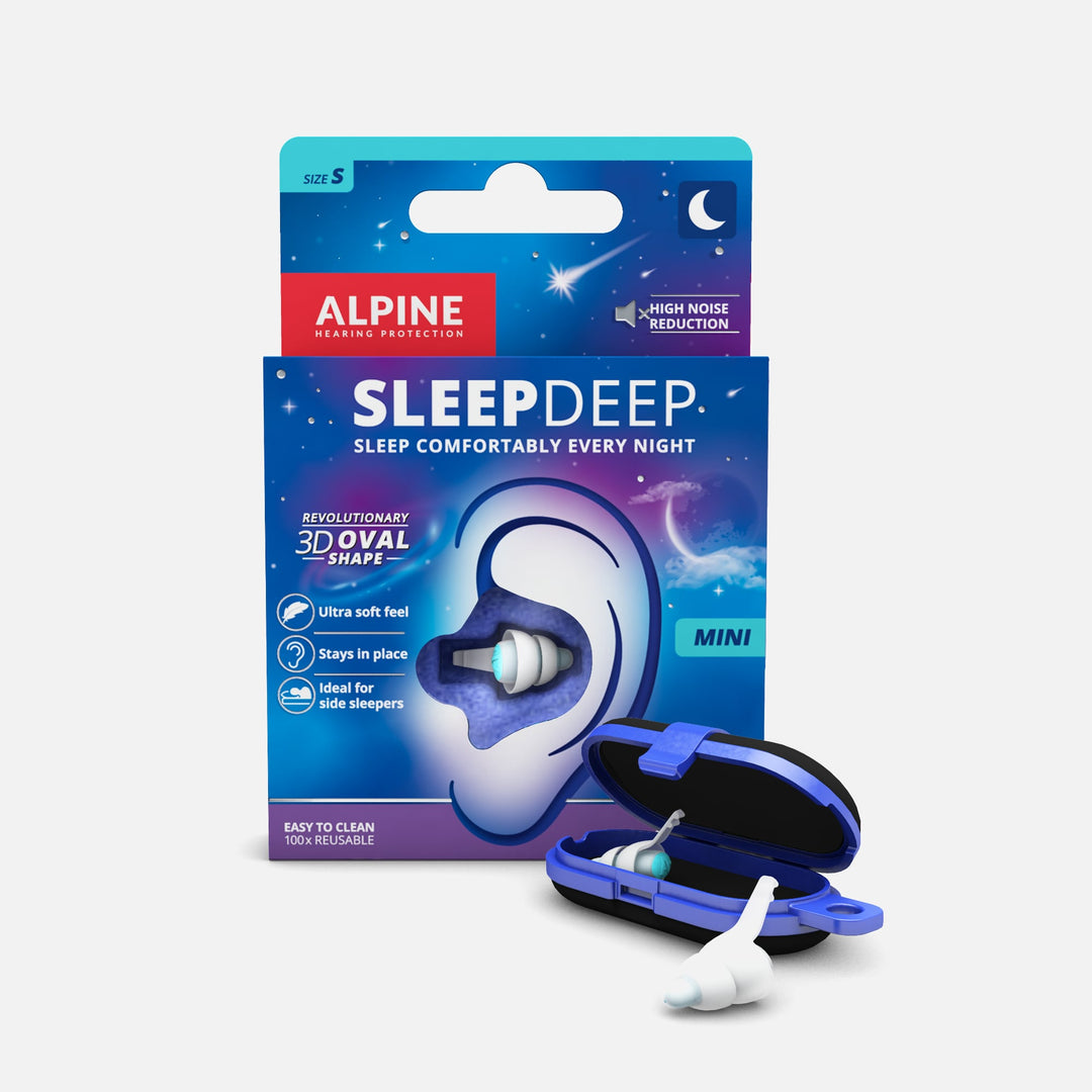 Alpine SleepDeep Mini earplugs packaging and storage case featuring 3D oval shape design for noise reduction and comfort.