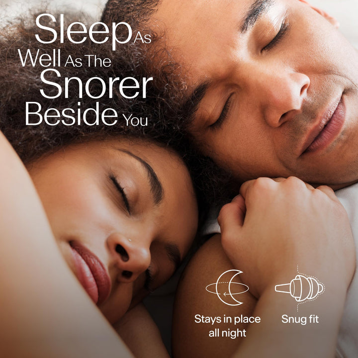 Couple sleeping peacefully, showcasing Alpine SleepDeep earplugs' all-night secure fit and snug comfort for side sleepers