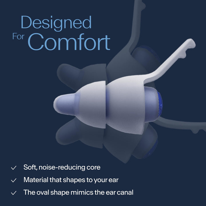 Close-up of Alpine SleepDeep earplug showing its soft noise-reducing core and oval design for a comfortable, natural ear canal fit