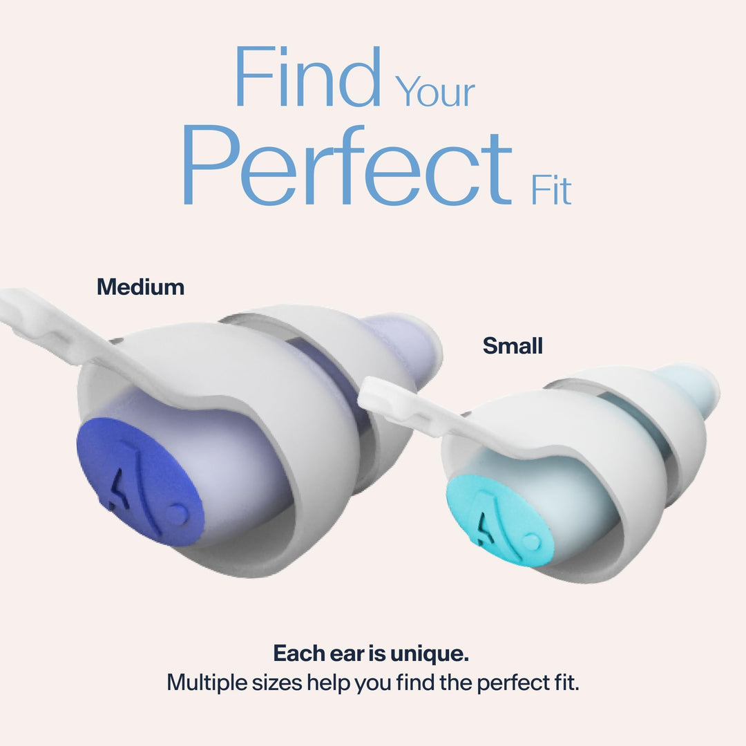 Alpine SleepDeep earplugs in Medium and Small sizes shown side by side, highlighting fit options for different ear shapes
