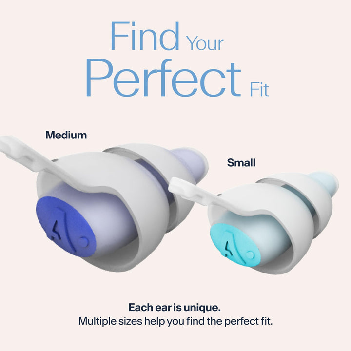 Alpine SleepDeep earplugs in Medium and Small sizes shown side by side, highlighting fit options for different ear shapes