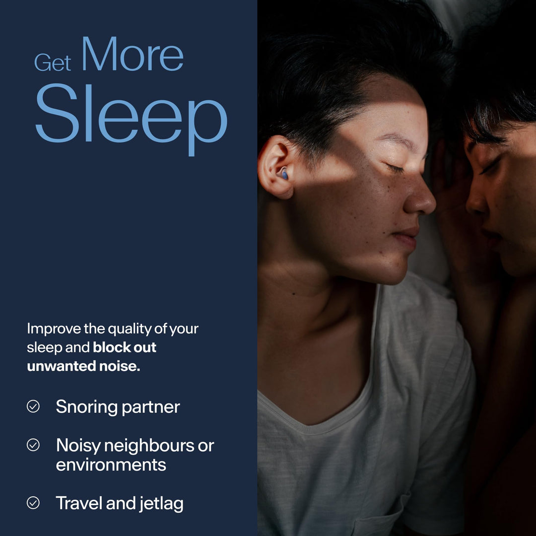 Couple sleeping while wearing Alpine SleepDeep earplugs, with text highlighting better sleep and blocking unwanted noise