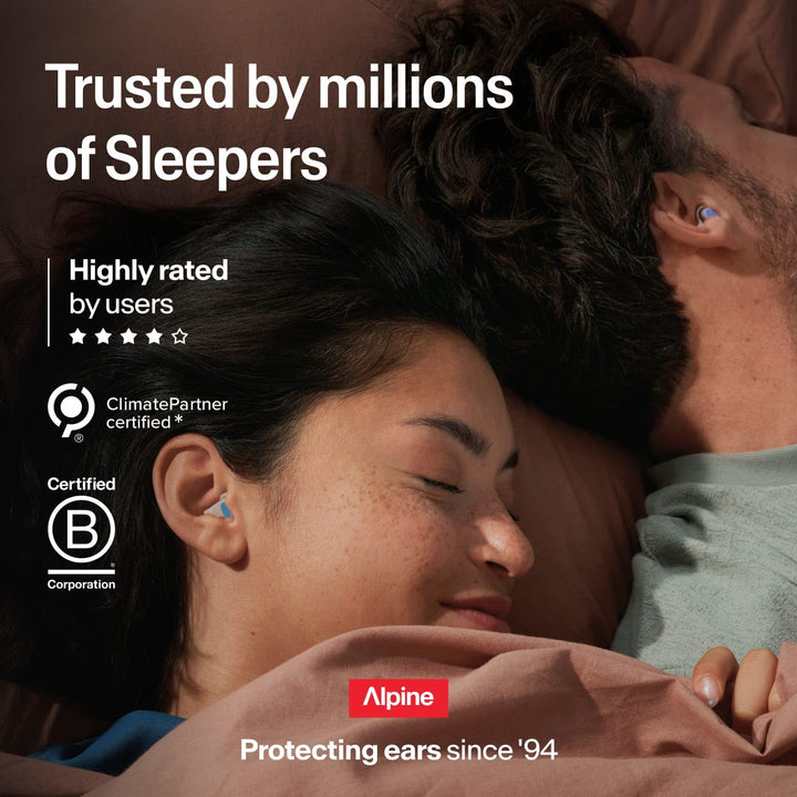 Couple wearing Alpine SleepDeep sleeping earplugs in bed, with customer ratings, ClimatePartner and B Corp logos