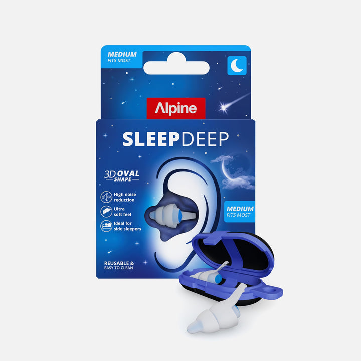 Alpine SleepDeep Medium sleeping earplugs with blue packaging, showing a pair of white earplugs and an open storage case