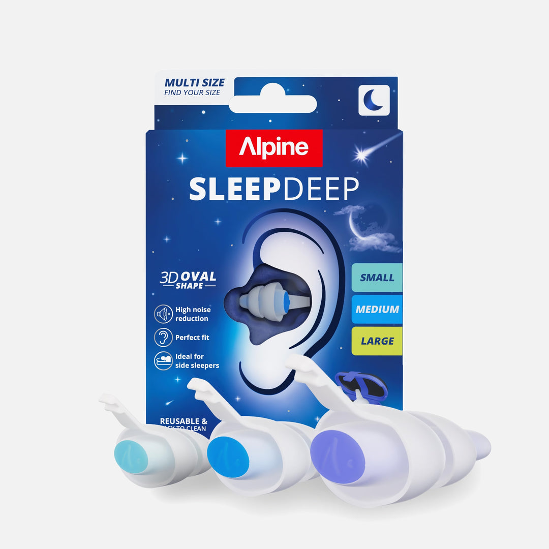 Alpine SleepDeep Multisize sleeping earplugs in three sizes with blue packaging, showing white earplugs with colored ends