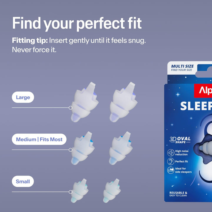 Alpine SleepDeep Multisize sleeping earplugs size guide showing Small, Medium and Large pairs with product packaging