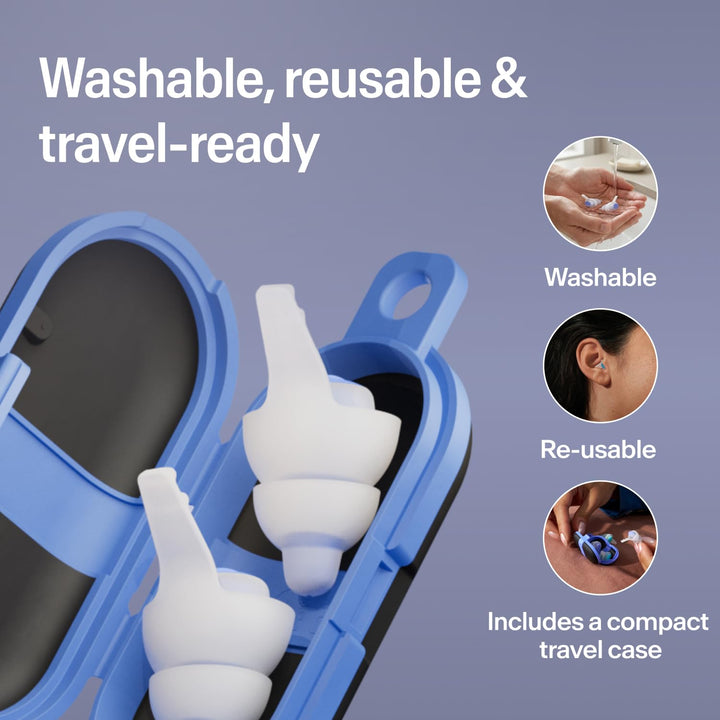 Alpine SleepDeep sleeping earplugs in a blue travel case, with images showing washing, wearing and storage