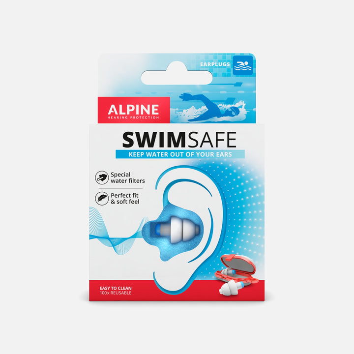 Alpine SwimSafe swimming earplugs packaging with white and blue earplugs and a red storage case