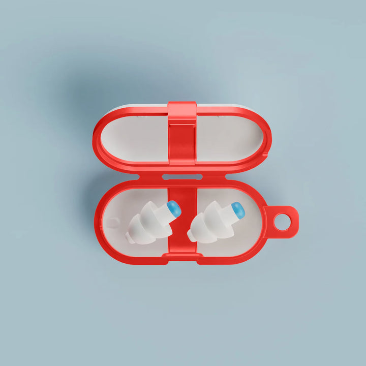 Two Alpine SwimSafe white and blue swimming earplugs inside an open red storage case