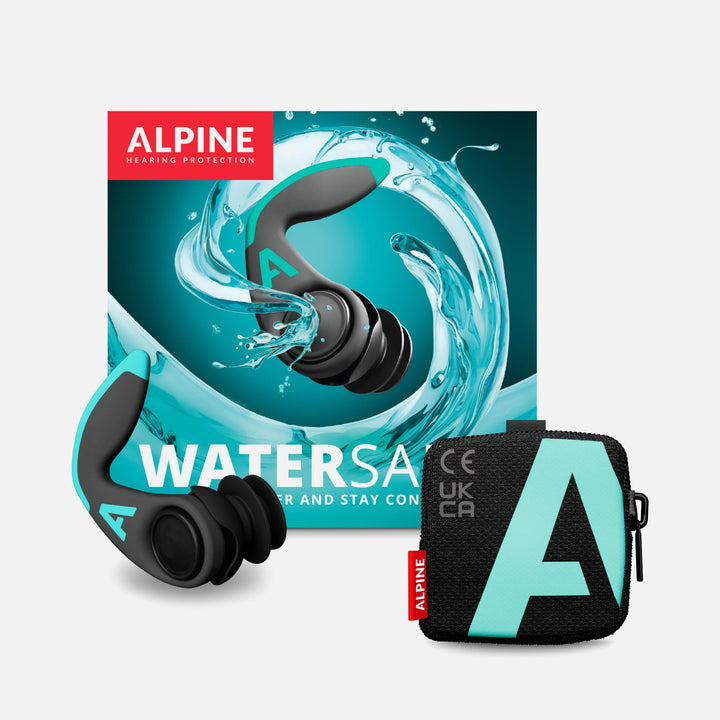 Alpine WaterSafe Pro earplugs packaging showcasing ergonomic design, water-resistant features, and a storage pouch.