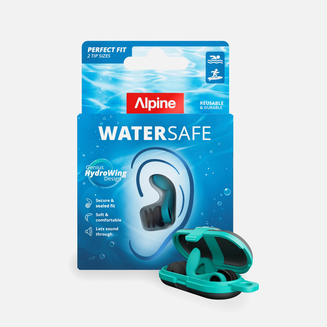 Alpine WaterSafe teal earplugs shown with storage case and retail packaging