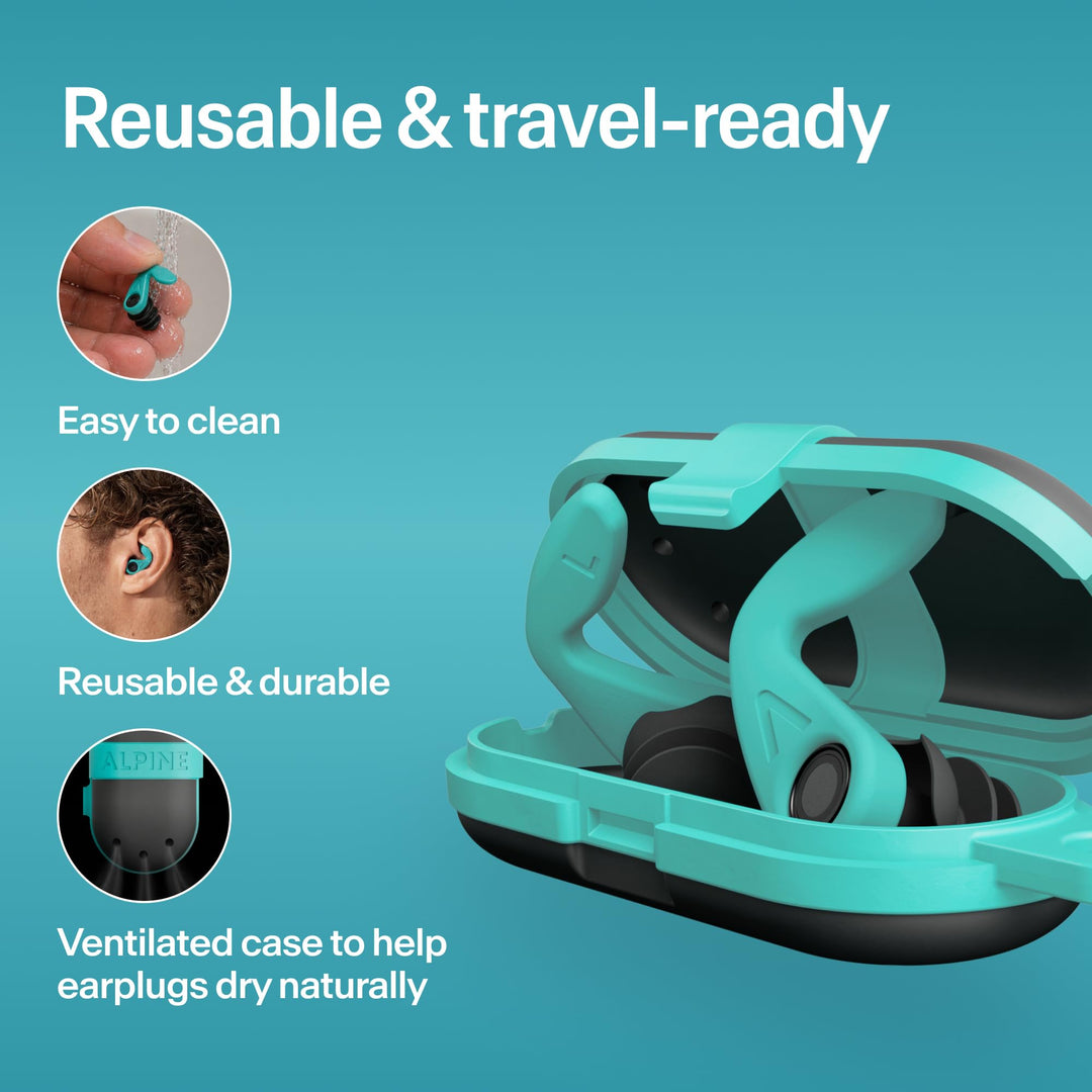 Alpine WaterSafe teal earplugs in a ventilated travel case, showing reusable design and easy cleaning