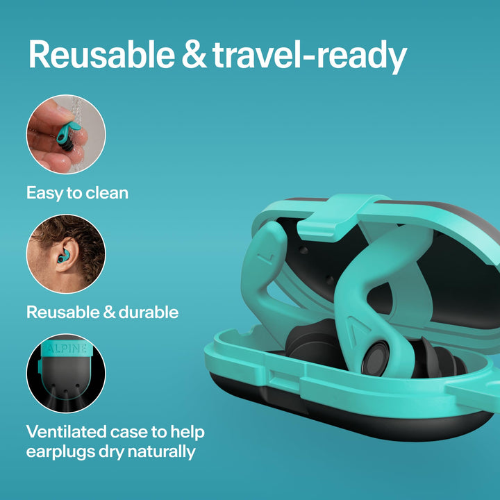 Alpine WaterSafe teal earplugs in a ventilated travel case, showing reusable design and easy cleaning