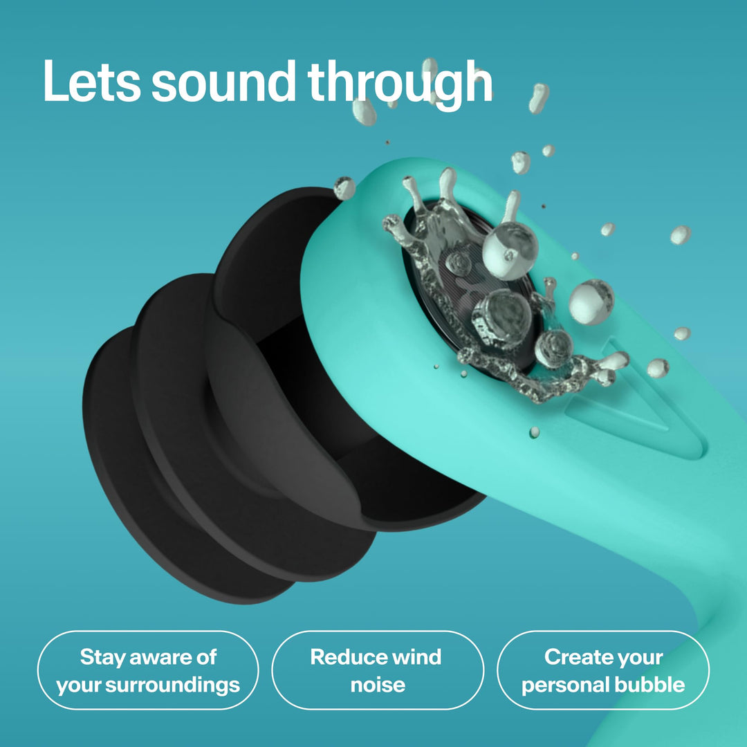 Alpine WaterSafe teal earplug close-up showing the sound filter with water droplets and wind-noise reduction messaging