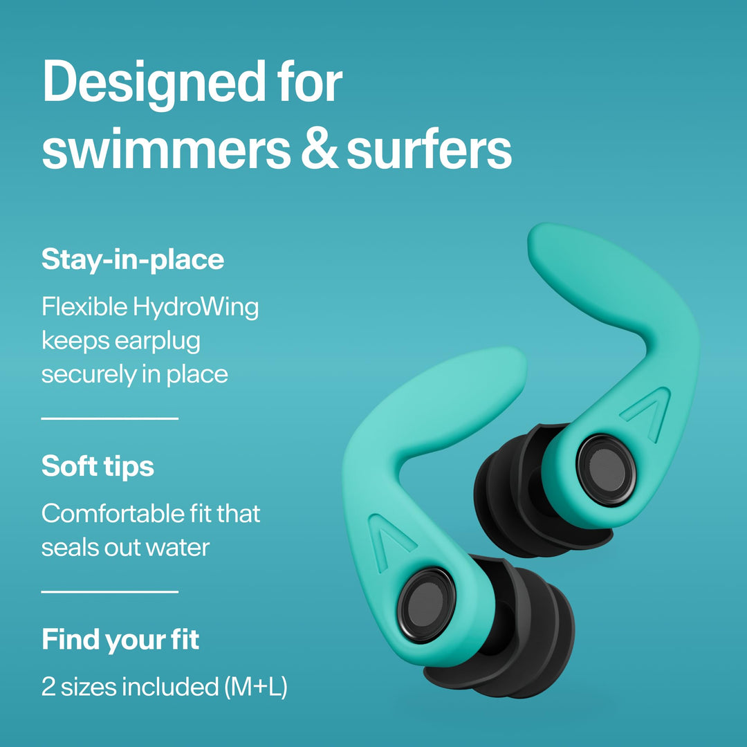 Alpine WaterSafe teal earplugs showing HydroWing design, soft tips and M/L sizes for swimmers and surfers